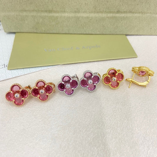 [Lumivibe]2026 NEW  CLOVER 1 MOTIFPINK ENAMEL STUD EARRINGS WITH DIAMONDS2