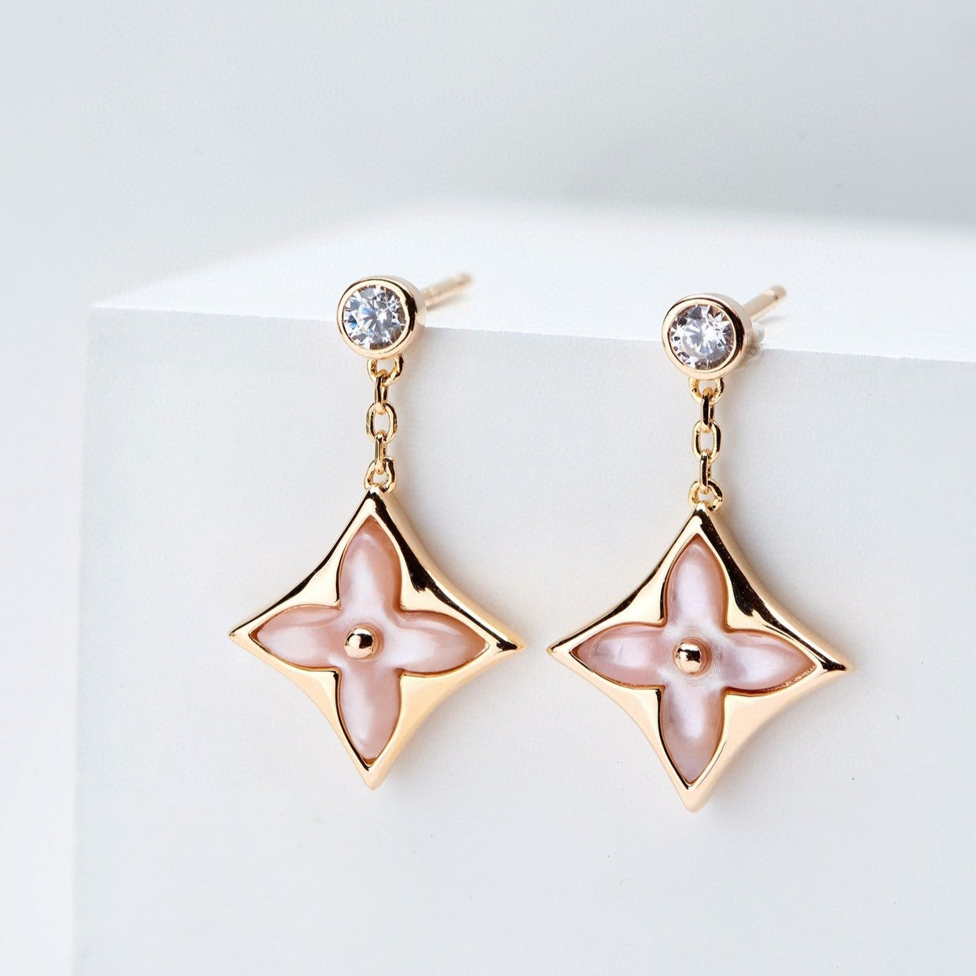 [LumiVibe]DOUBLE STAR PINK GOLD MOP DROP EARRINGS