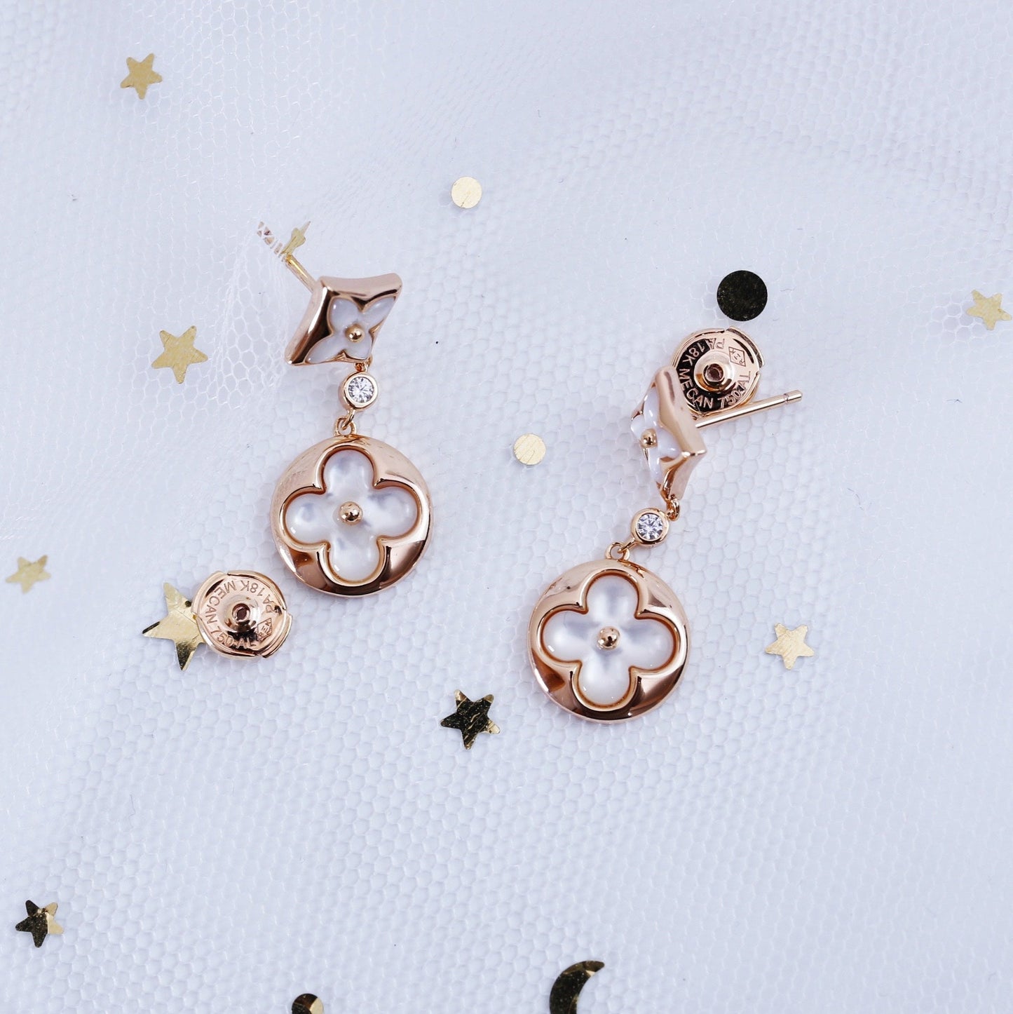 [LumiVibe]STAR AND SUN PINK GOLD MOP DROP EARRINGS