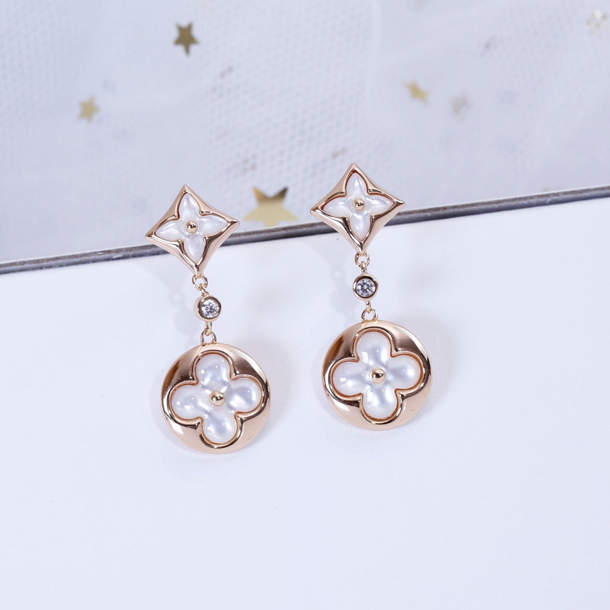 [LumiVibe]STAR AND SUN PINK GOLD MOP DROP EARRINGS