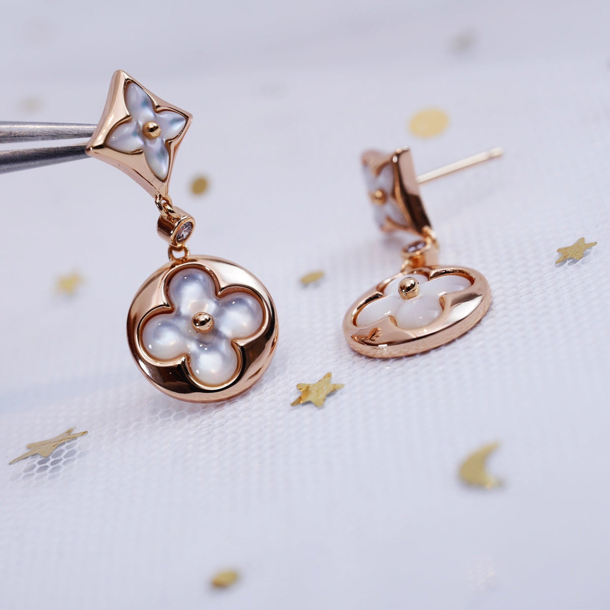 [LumiVibe]STAR AND SUN PINK GOLD MOP DROP EARRINGS