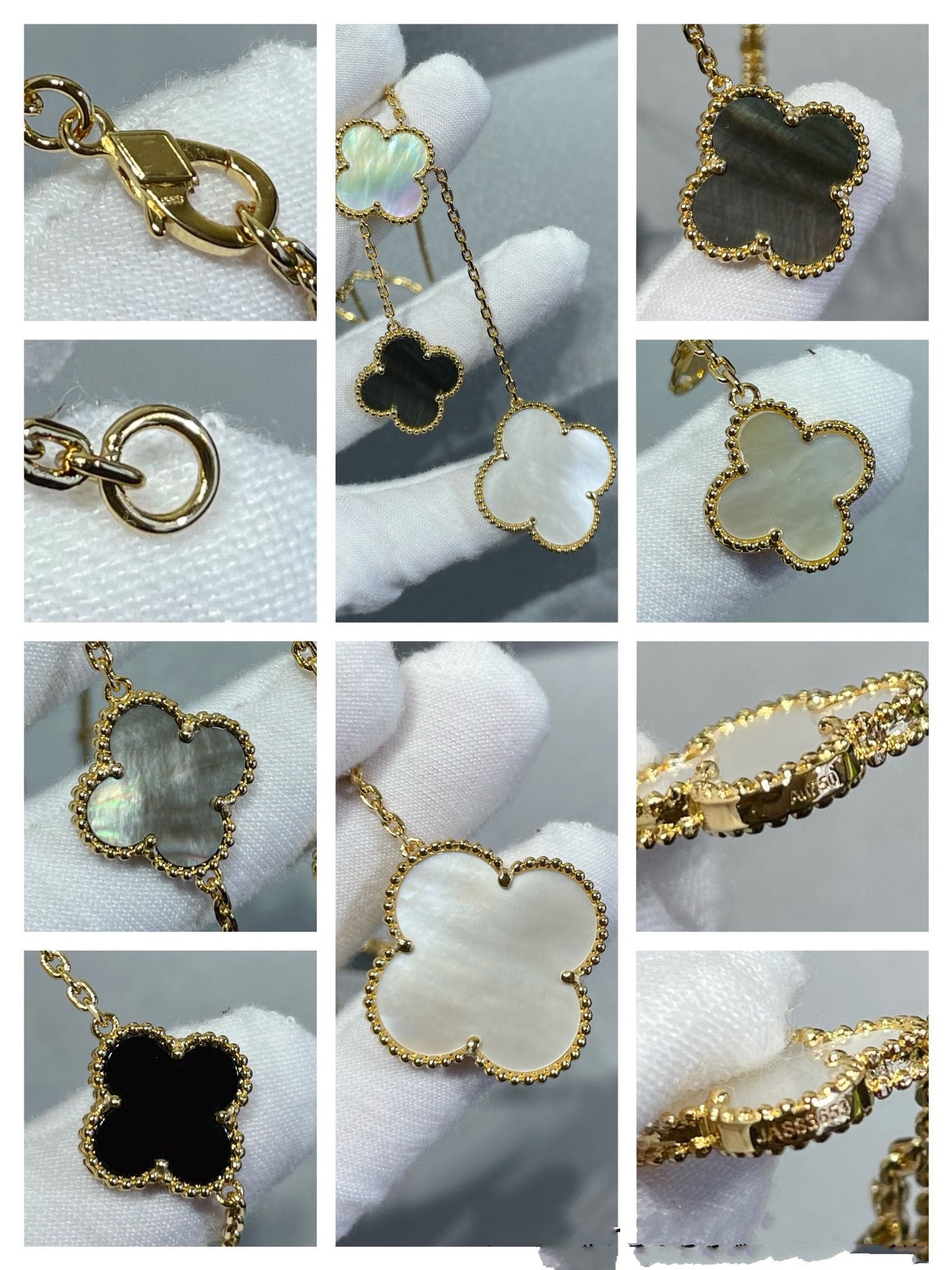 [LumiVibe]CLOVER 6 MOTIF MOP ONYX GOLD NECKLACE