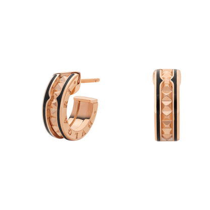 [LumiVibe]ZERO 1 ROCK PINK GOLD EARRINGS WITH STUDDED SPIRAL AND BLACK CERAMIC