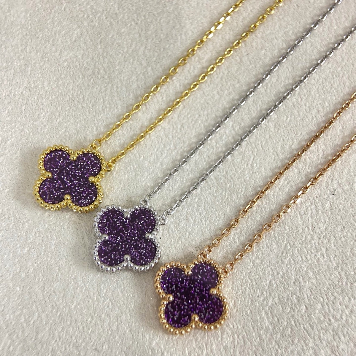 [Lumivibe Jewelry]NEW 15MM PURPLE SAND-GOLD FOUR-LEAF CLOVER NECKLACE
