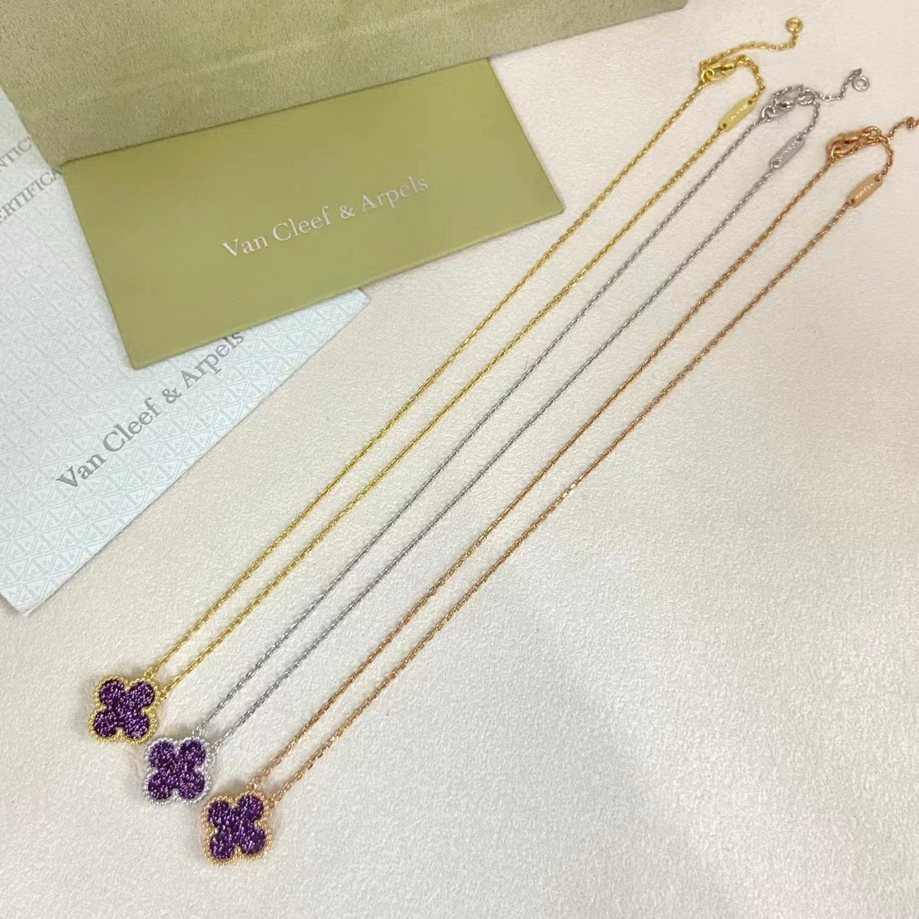 [Lumivibe Jewelry]NEW 15MM PURPLE SAND-GOLD FOUR-LEAF CLOVER NECKLACE