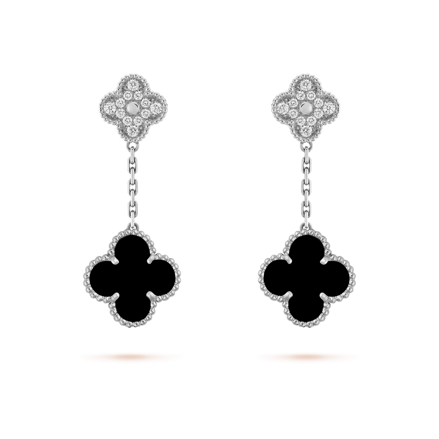 [LumiVibe]CLOVER 2 MOTIFS  DIAMOND ONYX EARRINGS SILVER