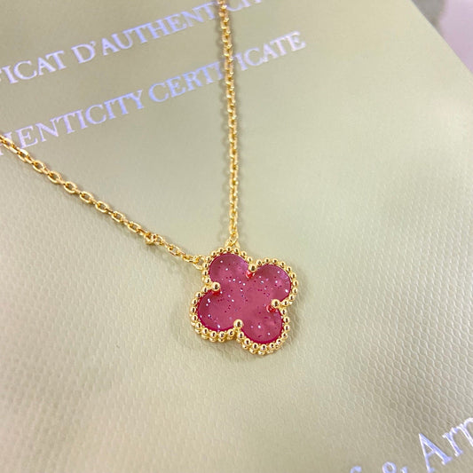 [Lumivibe Jewelry]15MM BUBBLE PINK ENAMEL SINGLE-FLOWER FOUR-LEAF CLOVER NECKLACE