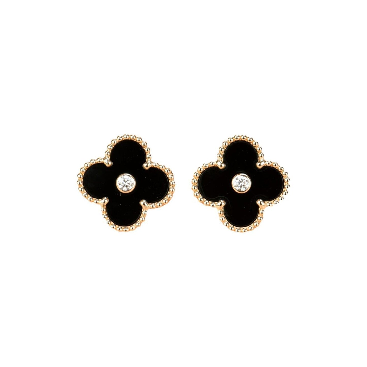 [LumiVibe]CLOVER MEDIUM 1 MOTIFS ONYX DIAMOND EARRINGS