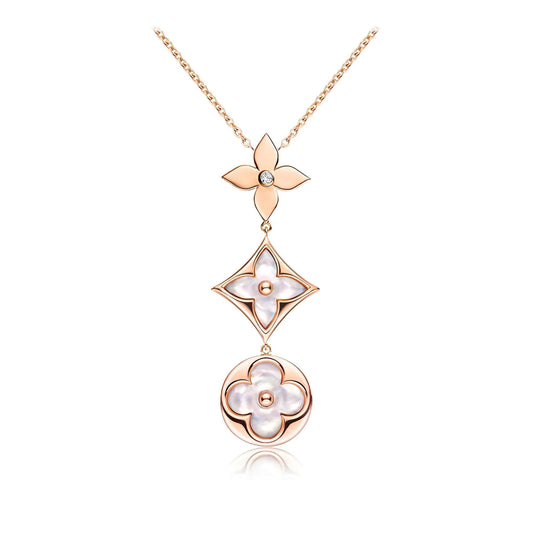 [LumiVibe]COLOR BLOSSOM LARIAT NECKLACE PINK GOLD WHITE MOTHER PEARL AND DIAMOND